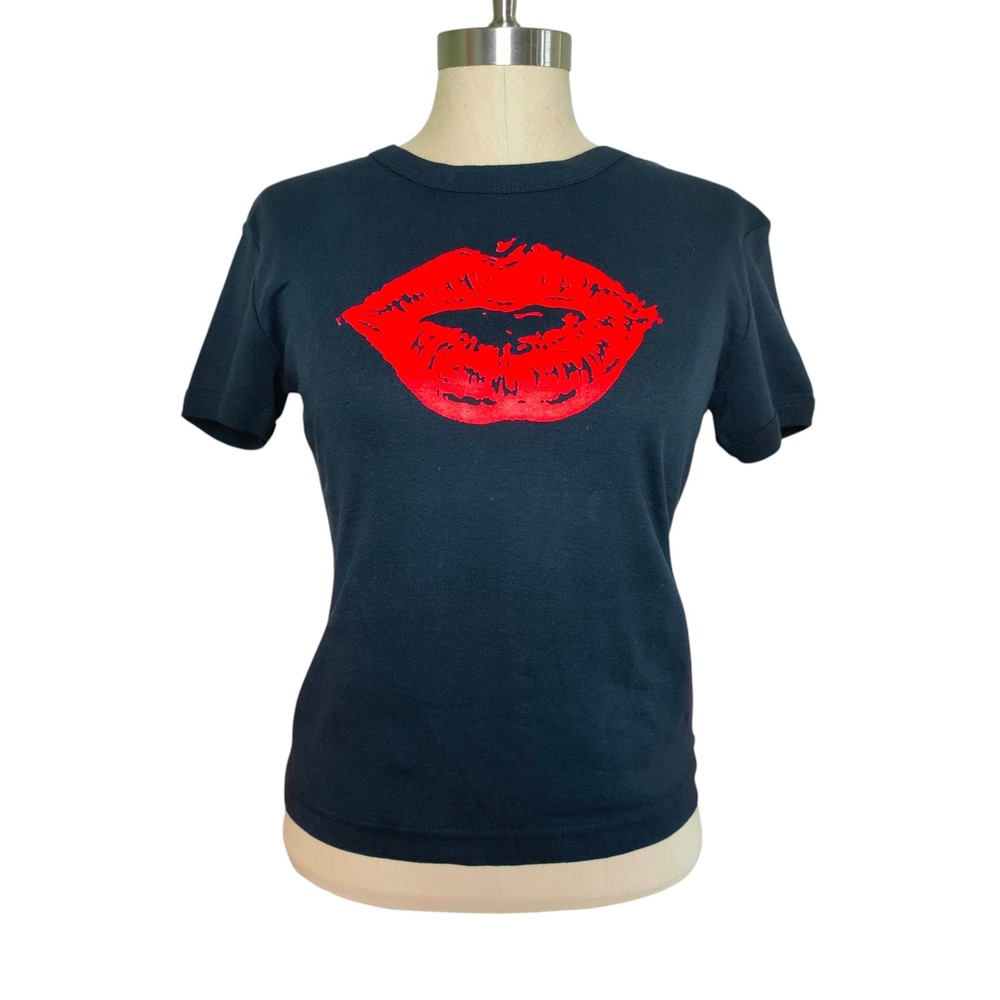 Vintage Y2K Baby Tee Kiss Lips Black Red Cotton Medium Bratz Doll Indie It Girl